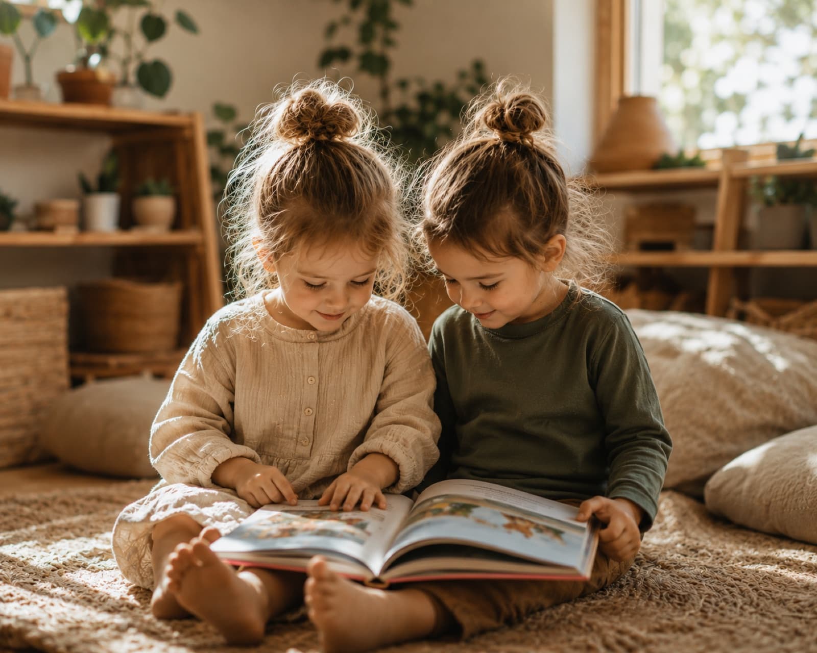 Two young children reading a picture book together in a cosy, sunlit room
