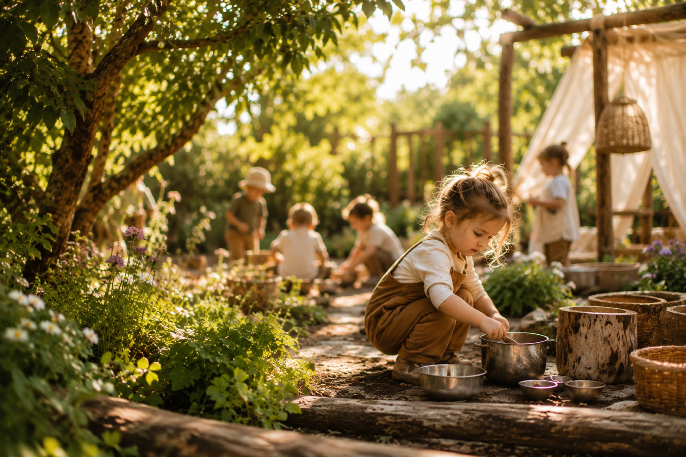Children playing in a sunlit garden mud kitchen among trees and flowers